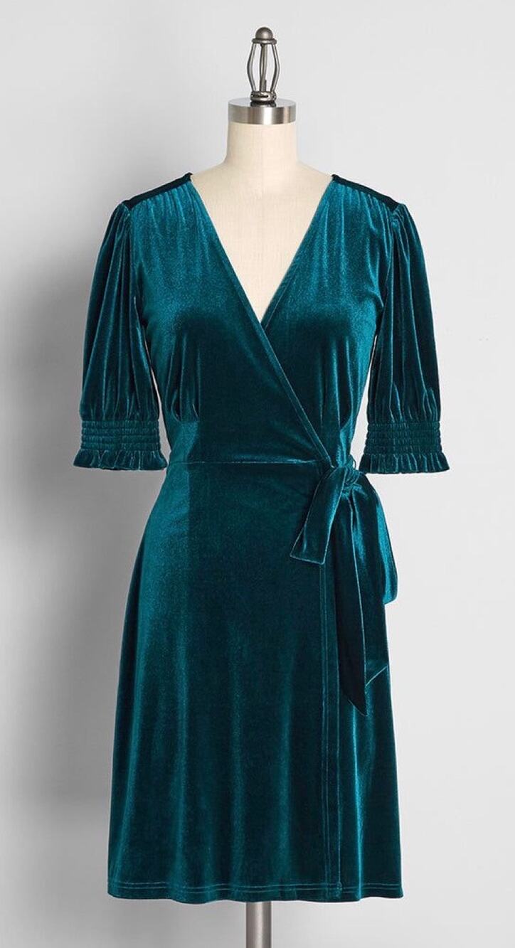 Modcloth | Teal Blue Velvet Wrap Dress Plus 1X Holiday Party Mini Tie Waist